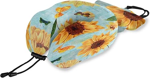 ALAZA Almohada de viaje de espuma viscoelástica azul claro con mariposas y girasoles, almohada en forma de U para viajes en avión, automóvil, hogar