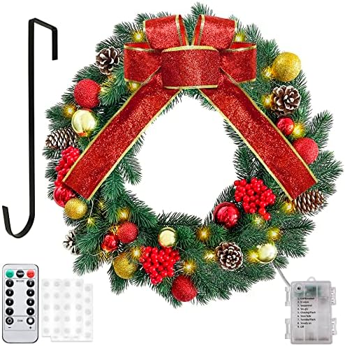 CYAOOI 16 Inch Christmas Wreath with Lights 8 Modes Remote Control, Prelit Christmas Wreaths for Front Door, Xmas Door Wreath with Hanger, Red Bow, Battery Operated Xmas Decorations for Outdoor Indoor