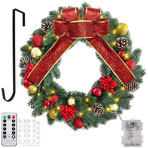 Cyaooi 16 Inch Christmas Wreath With Lights 8 Modes Remote Control, Prelit Christmas Wreaths For Front Door, Xmas Door Wreath With Hanger, Red Bow, Battery Operated Xmas Decorations For Outdoor Indoor #TOP3