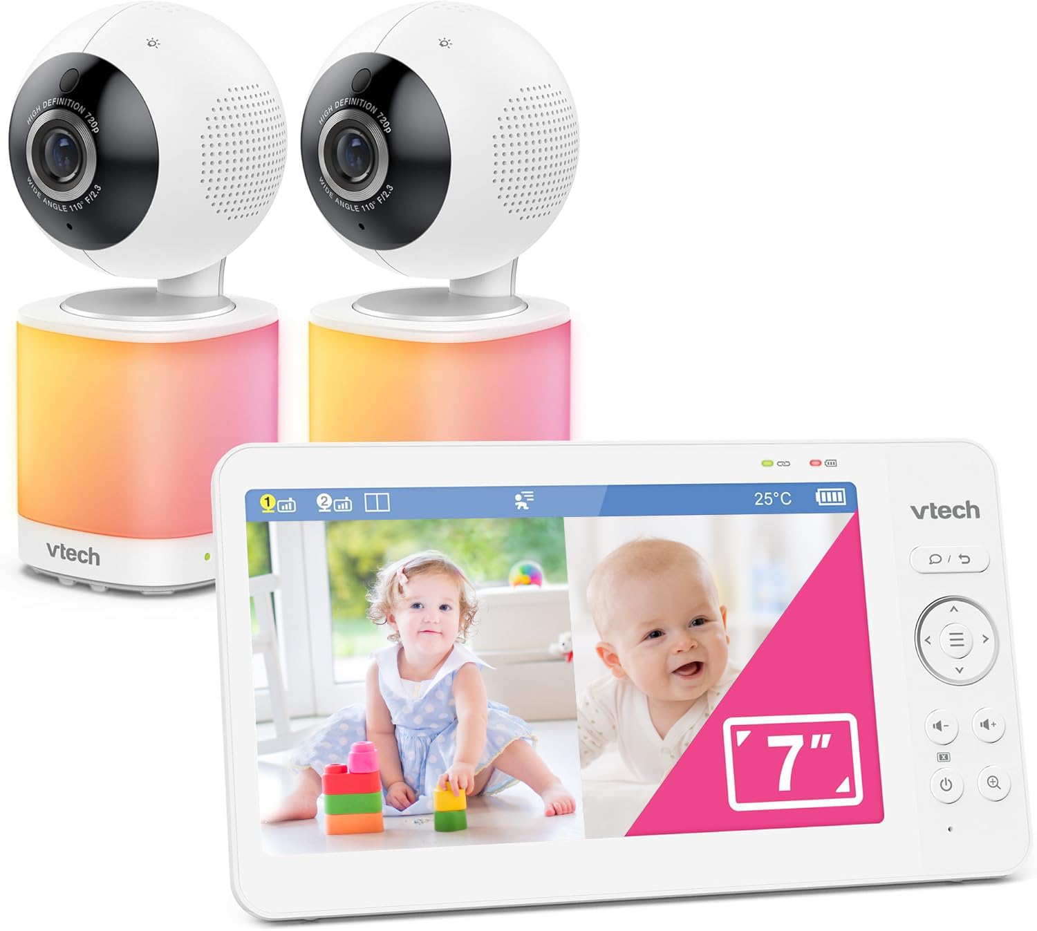 VTech Video-Babyphone mit 7" Farb-LCD-Bildschirm,360°-Panoramablick,Schwenken/Kippen/Zoom,Wiegenlieder&beruhigende Geräusche,Nachtlicht,Gegensprechfunktion,Touch-Bedienung,VM7468-2 mit Zwei Kameras