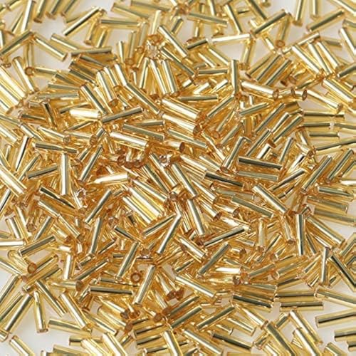 Bala&Fillic Glass Bugle Seed Beads About 3300pcs/110g in Box Size 6x2mm Gold Silver Lined Tube Glass Beads for Jewelry Making (Gold Sliver Lined)