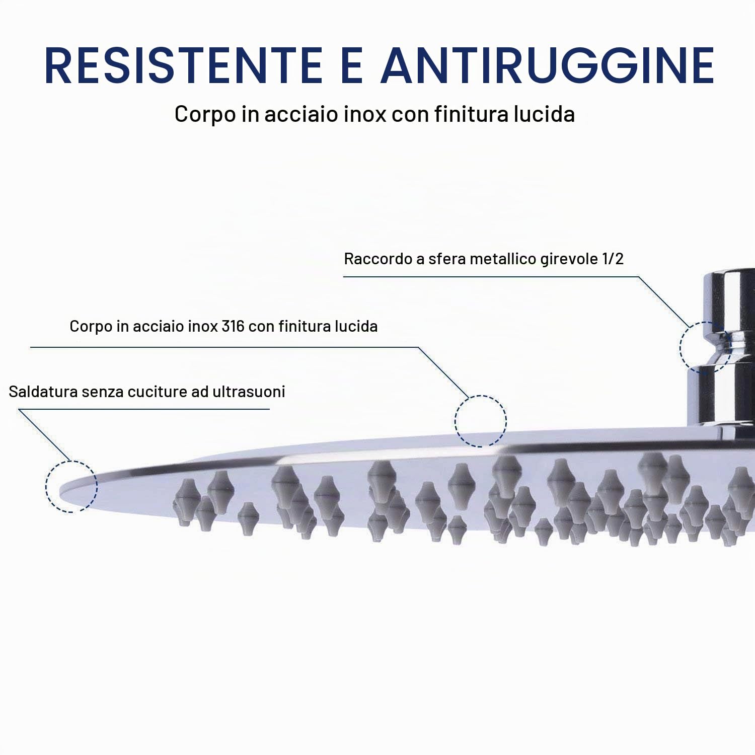 Doccia anticalcare in acciaio inox 316 soffione doccia rotondo ultra sottile alta pressione testa doccia regolabile a pioggia per il bagno, 12 pollici