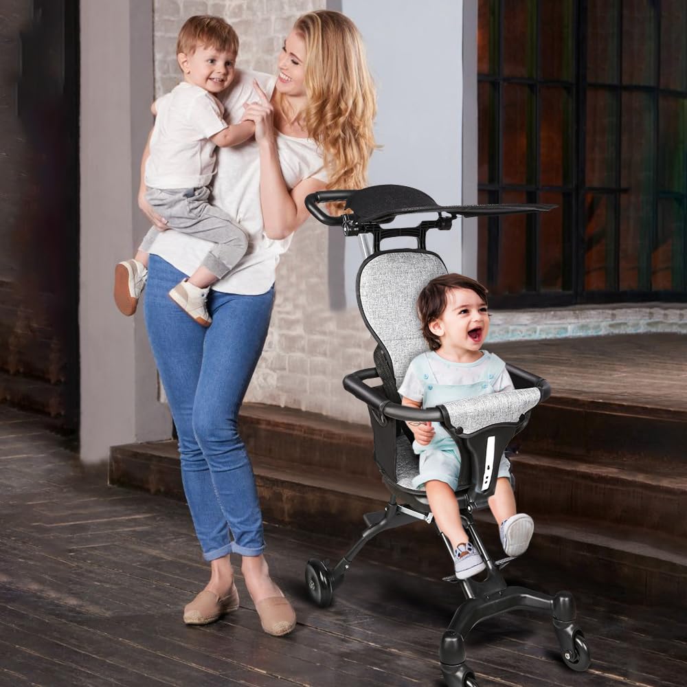 Poussette Compacte - Jusqu'à 25 kg, Inclinable, Pliable avec Porte-Gobelet, Habillage Pluie, Capote Pare-Soleil (UPF 50+) et Panier Course XL-30 * 55 * 86,5 cm - Gris + Noir
