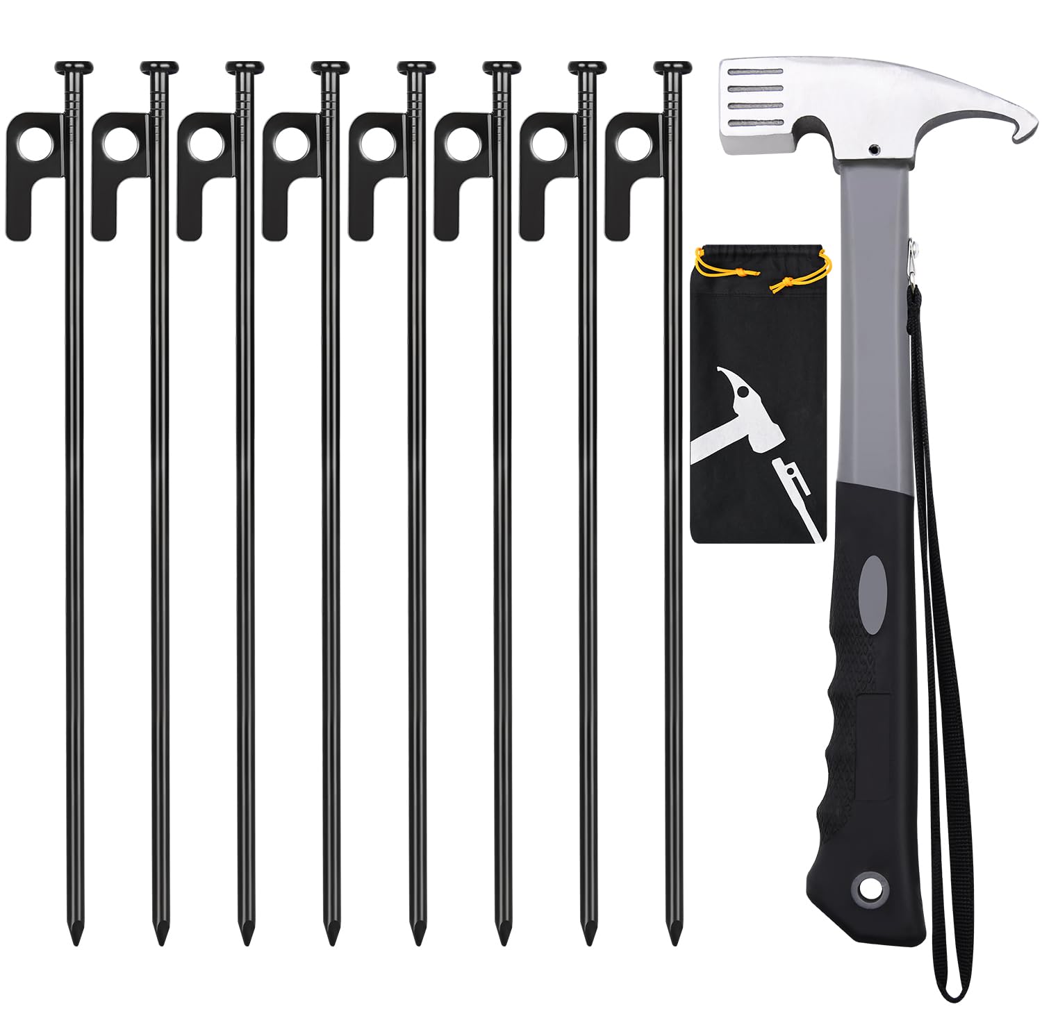 Tent Stakes and Hammer Set, 8 Pack 12in Heavy Duty Forged Steel Tent Stakes + 12in Heavy Duty Camping Hammer + Storage Pouch, Available in Rocky Place