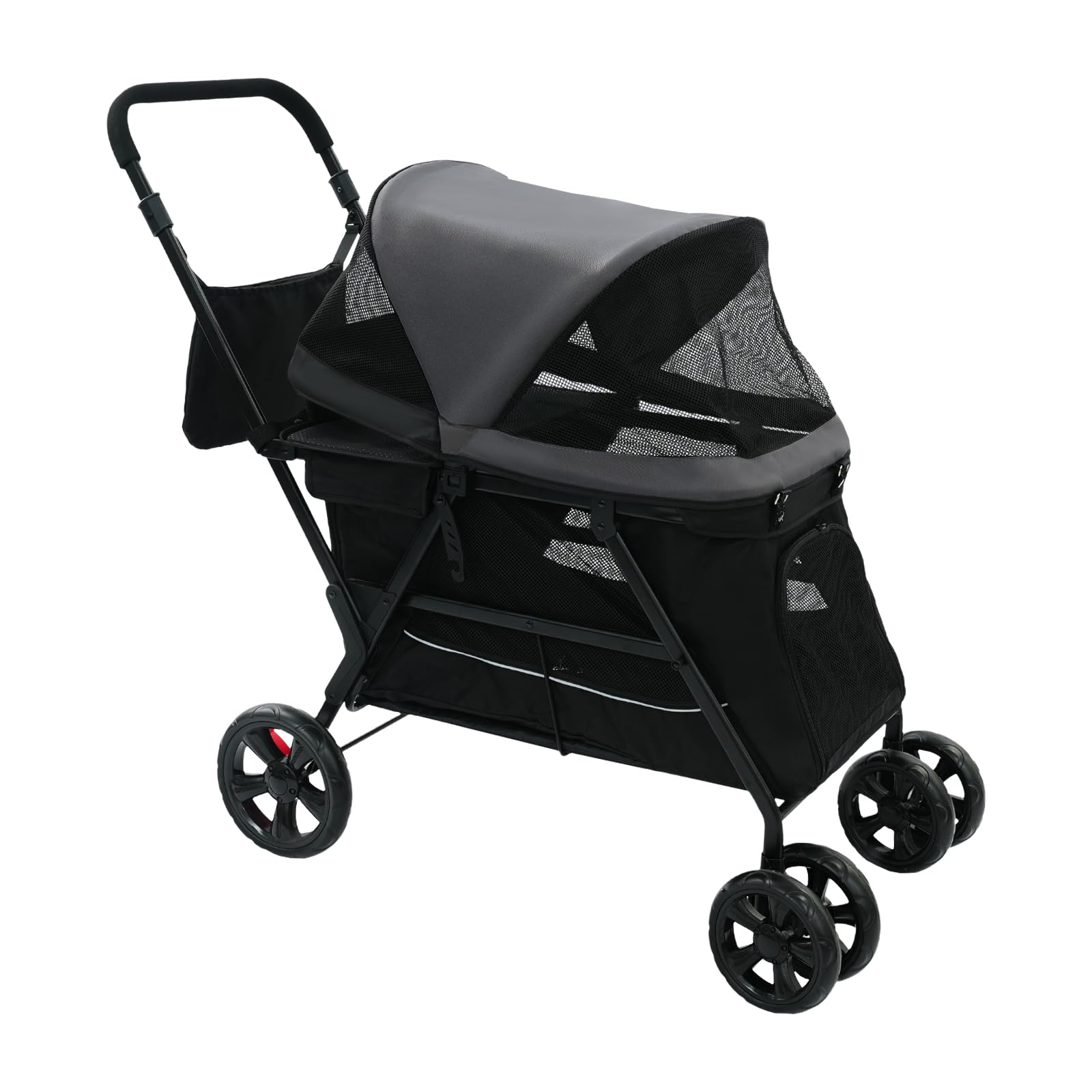 JIDIJINGH Passeggino pieghevole per cani con tavola da arrampicata, per cani e gatti, fino a 30 kg, ruote a 360° con freni, traspirante, borsa portaoggetti, nero