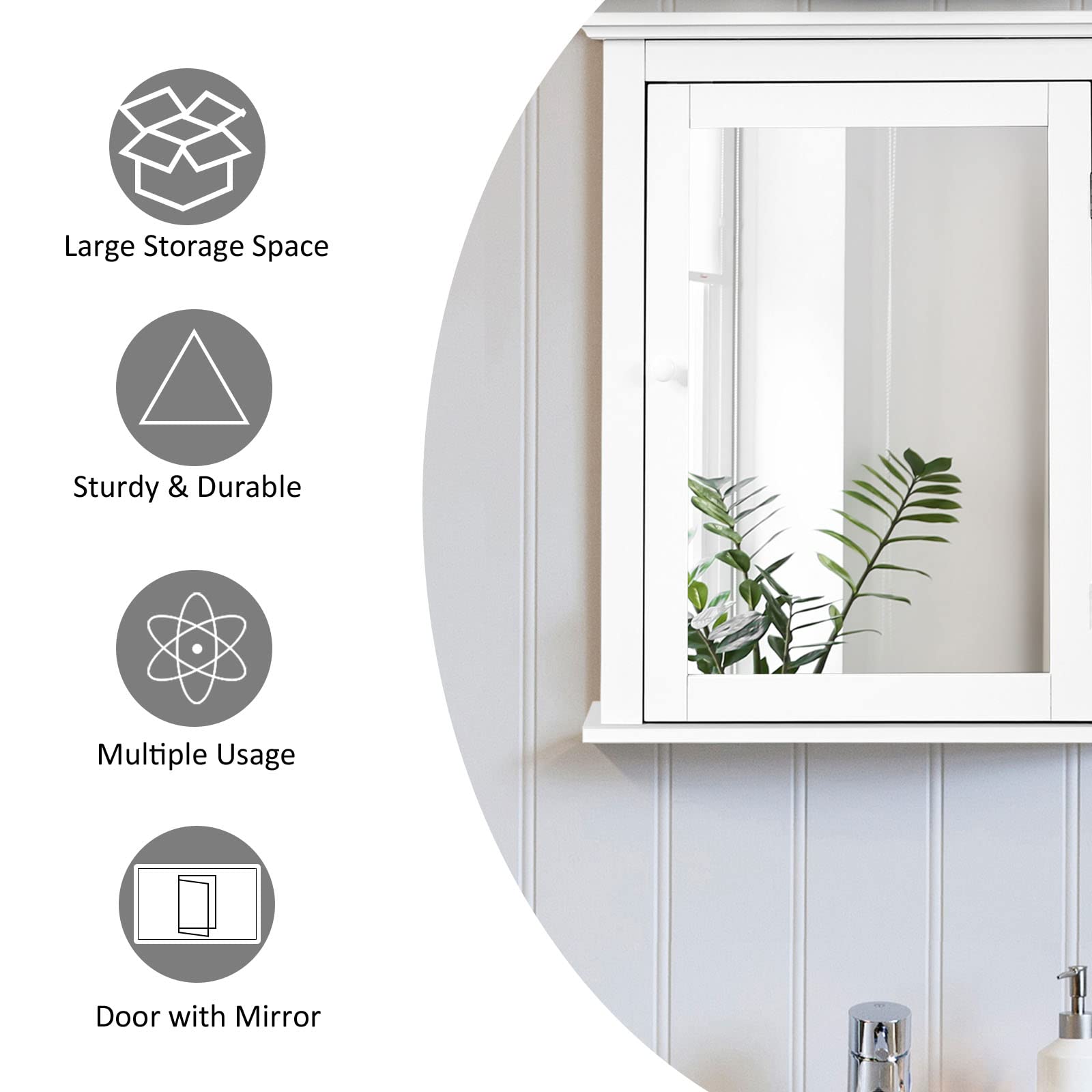LIFEZEAL Armario con Espejo para Baño, Armario de Pared de Madera, Armario de Pared con Espejo, Organizador con Espejo para Baño con Estante Ajustable en Altura, 56 x 15 x 70 cm (Blanco)