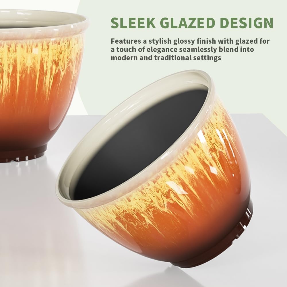 4 Pack Plastic Plant Pots Indoor with Drainage Hole, 8 Inch Glazed Planters for Indoor Outdoor Plants, Garden Flower Pots for Office Home Decor(Orange Glaze)