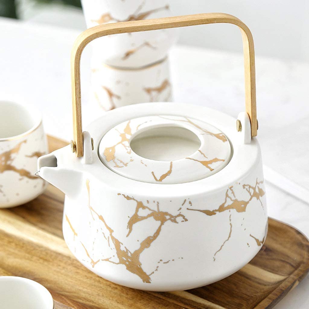 Juego De Té, Juego De Tazas De Café, Juego De Tazas De Té, Juego De Té De Cerámica, Tetera Grande De Cerámica, 4 Tazas De Té con Bandeja De Madera, Juego De Tazas De Té (Blanco, 6 Piezas)