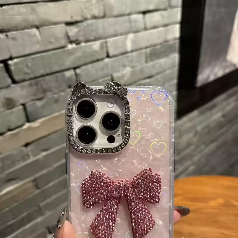 Image of mobistyle Compatible with iPhone 16 Pro | Rhinestone Bow Elegant Heart Shell Pattern and Camera Lens Protection Back Cover Case for Women Girls iPhone 16 Pro (Pink)