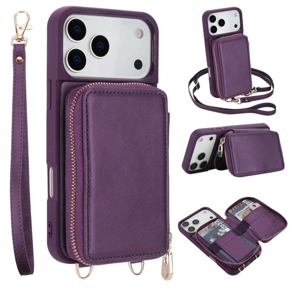 Generic Funda compatible con iPhone 17 Pro (color: morado oscuro) correa cruzada con cremallera de cuero tipo cartera con tapa trasera