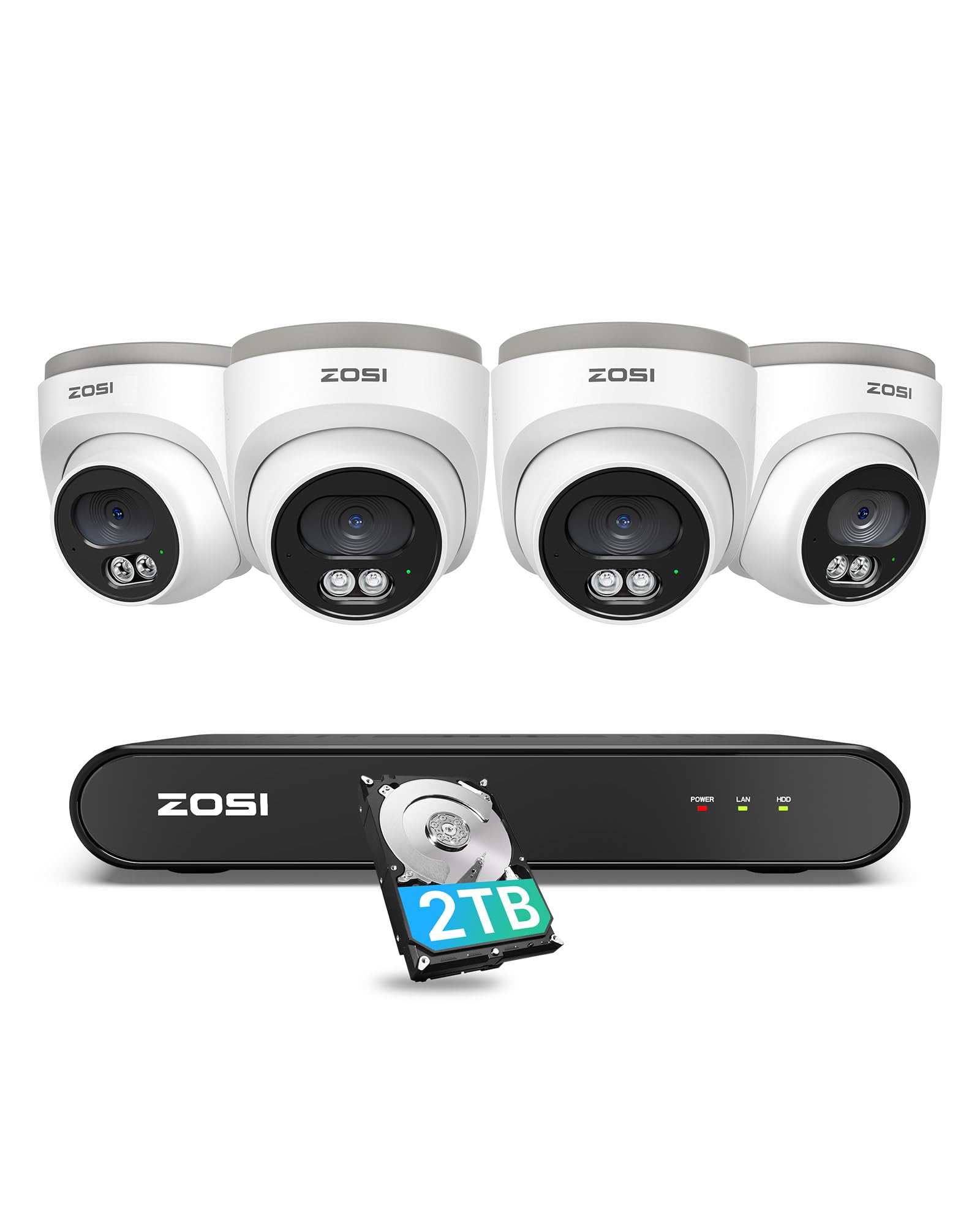 ZOSI 8CH 5MP PoE CCTV Camera System, 2.5K 8 Channel H.265+ PoE NVR and 4X 4MP Outdoor Indoor Wired Home Security POE Cameras, AI Human Detection, Remote Access, Built-in 2TB HDD, 24/7 Recording