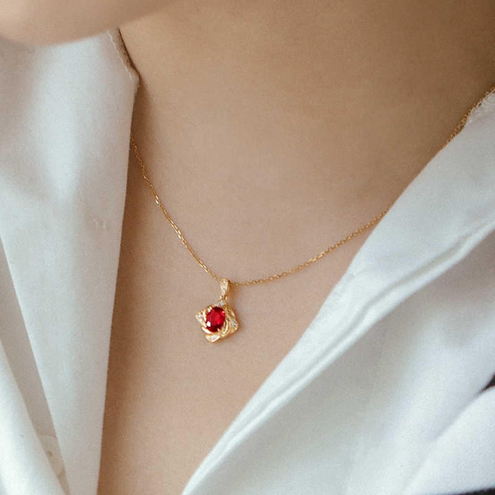 Łańcuszek na szyję długi dla kobiet, łańcuszek damski, na rocznicę, owalny, 0,4 ct rubin i diament żółte złoto