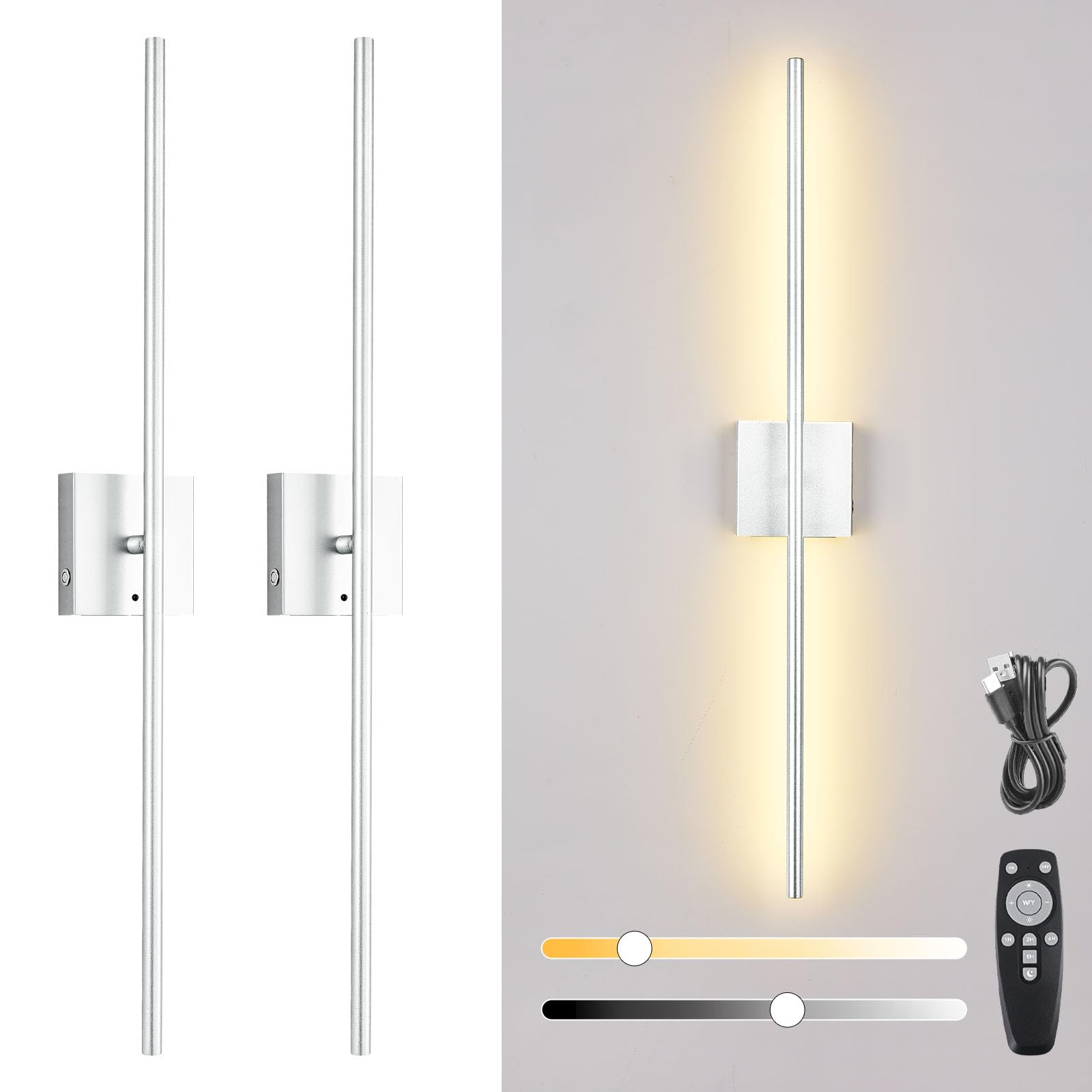 Akku Wandleuchte Innen mit Fernbedienung, 2 Stück, USB aufladbare Wandlampe Touch, 8000mAh Batterie, 3000K-6000K, LED dimmbare Wandleuchte ohne stromanschluss mit Timer, 360° drehbar, Silber, 100CM