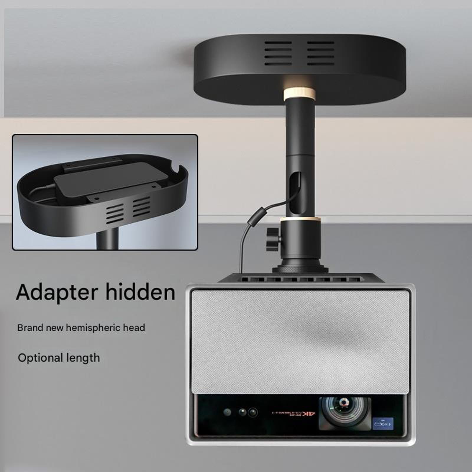 Soporte de techo para proyector de metal, rosca 1/4 para una fácil integración, longitud ajustable, rotación de 360 grados, rosca de visión flexible