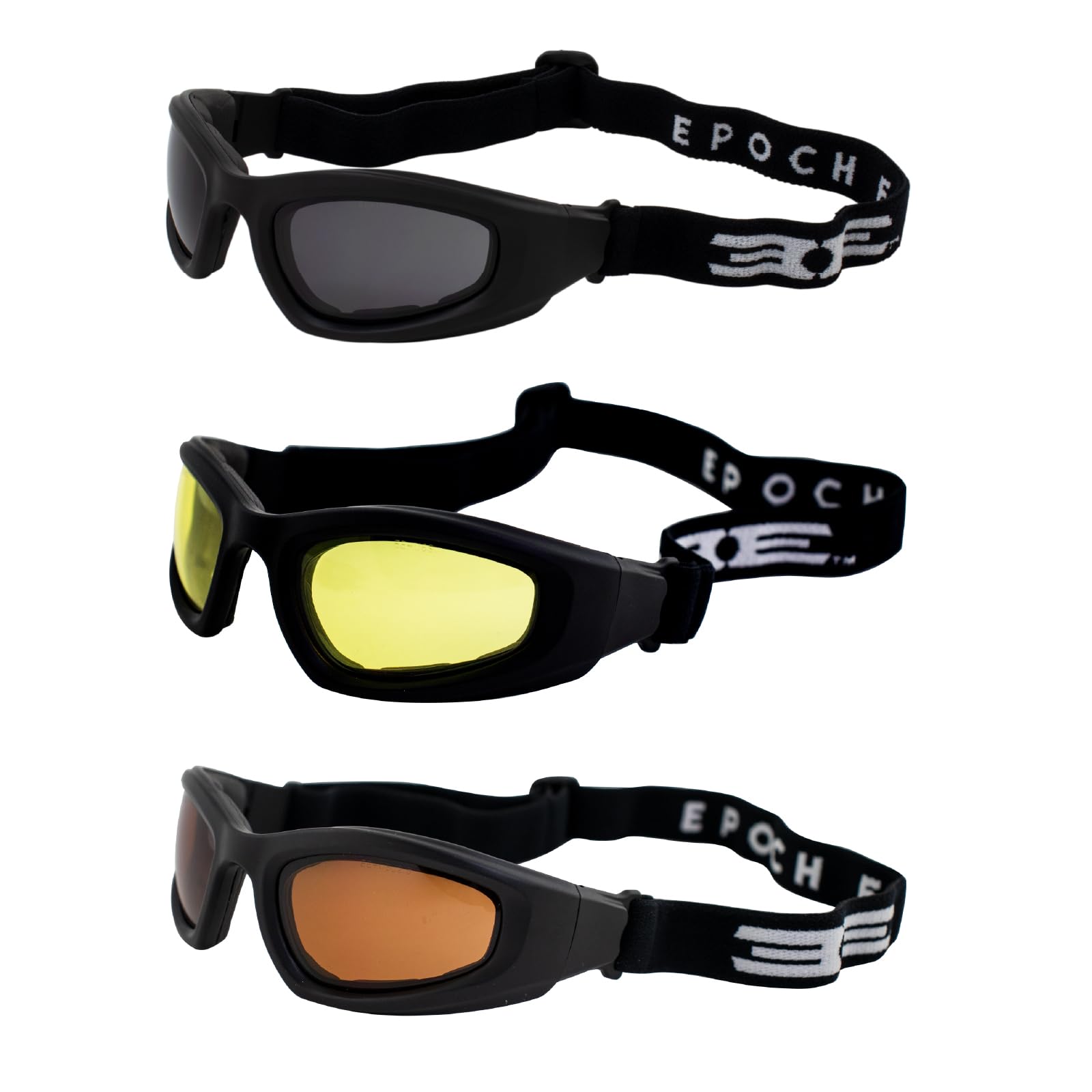 Epoch Eyewear Black Padded Motorcycle Goggles 3 Pair Smoke Yellow and Amber Lenses