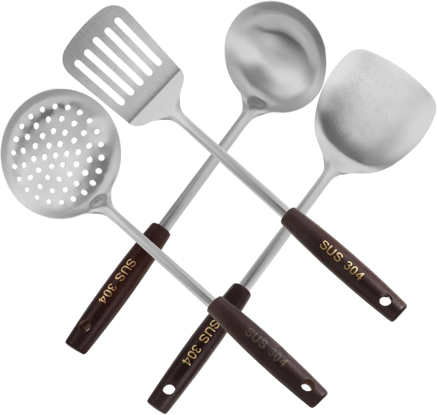 8pcs Stainless Steel Wok Spatula Set with Wooden Handles Ergonomic Cooking Utensils for Stir-frying Soup and More Slotted Spoon and Ladle for Kitchen Use