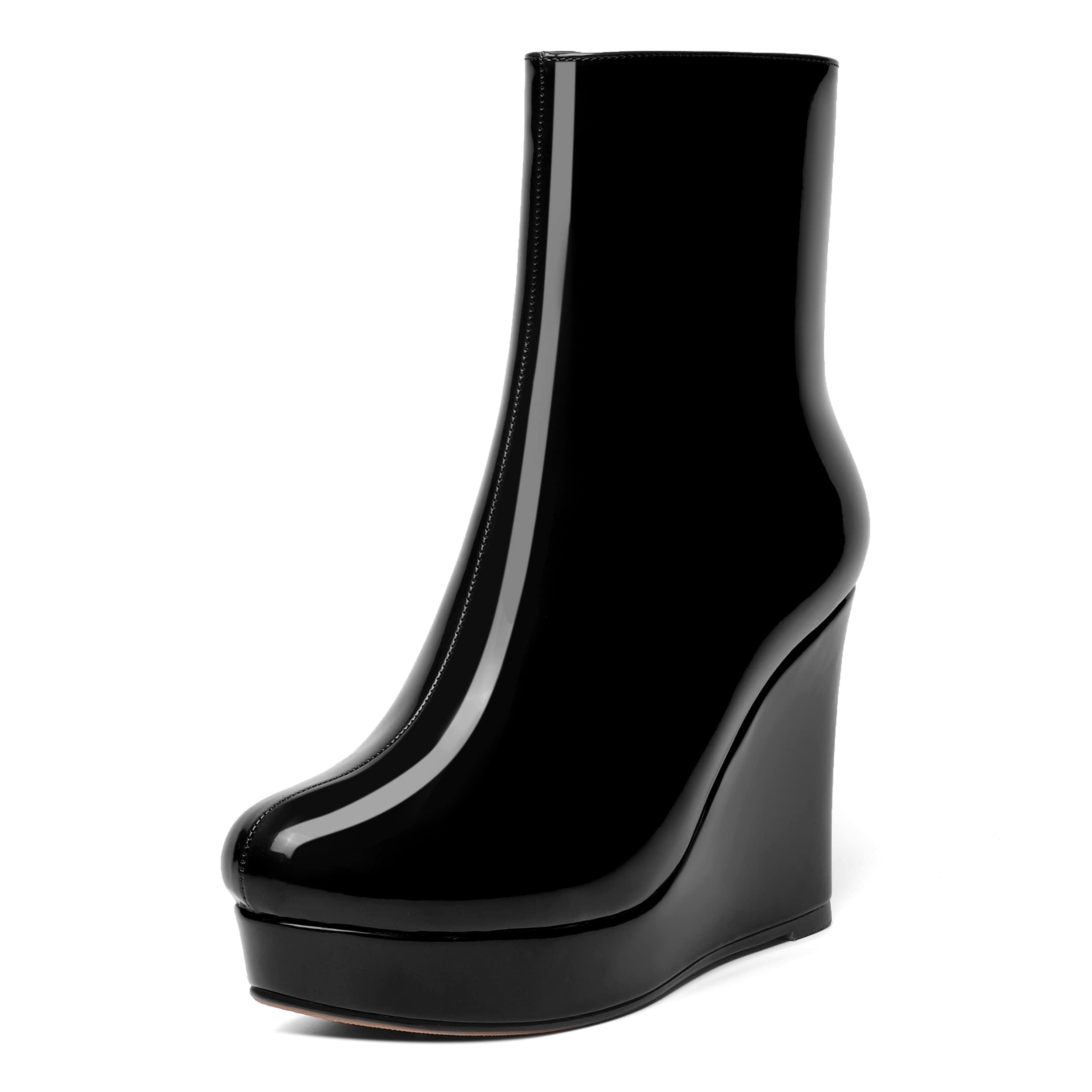 AMBELIGHT Womens Patent Ankle High Boots Sexy Zip Platform Solid Round Toe Wedge High Heel Mid Calf Boots