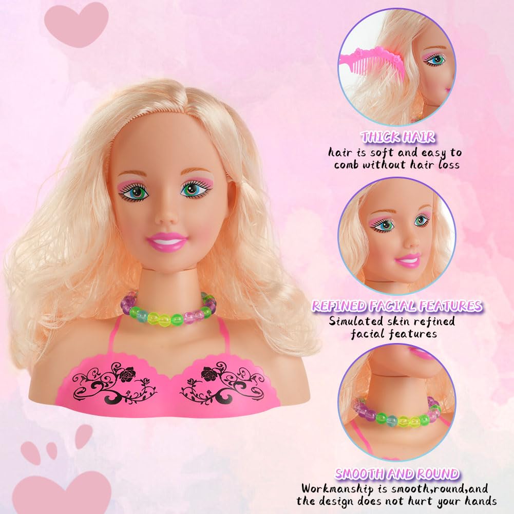 HOTUT Cabeza de muñeca de peluquería y Maquillaje para niños, 17 Piezas de Juguete de Cabeza de Peinado con Accesorios para el Cabello, Juguetes de muñeca de Peinado niñas