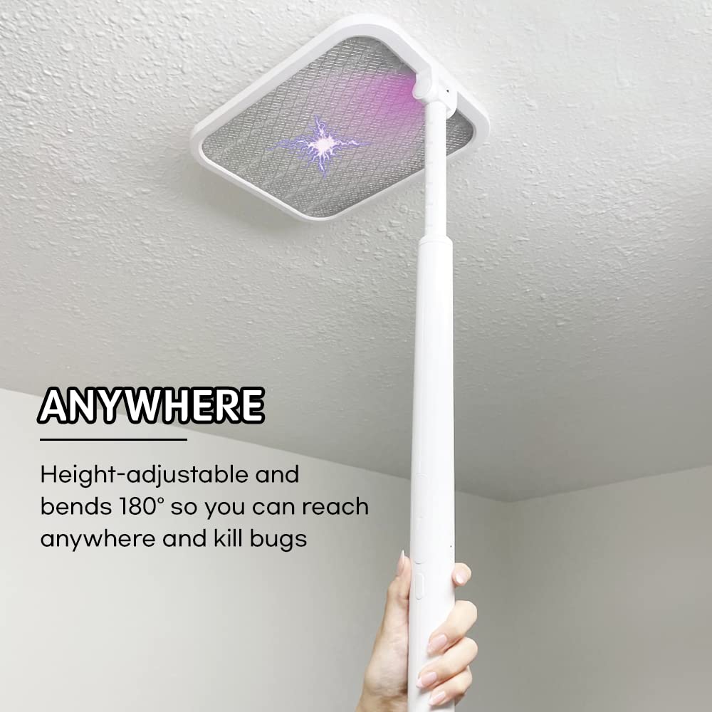 BANU - Raqueta eléctrica plegable en ángulo de 180 grados, ideal para matamoscas 2 en 1, lámpara recargable de 1200 mAh con 3 capas de malla de seguridad para interiores y exteriores