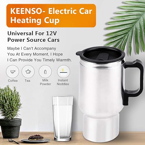 Miniatura 5 de Keenso Taza eléctrica de 12 V, taza de calefacción de viaje, 15.2 fl oz de acero inoxidable para coche, calentador de taza de café con encendedor de