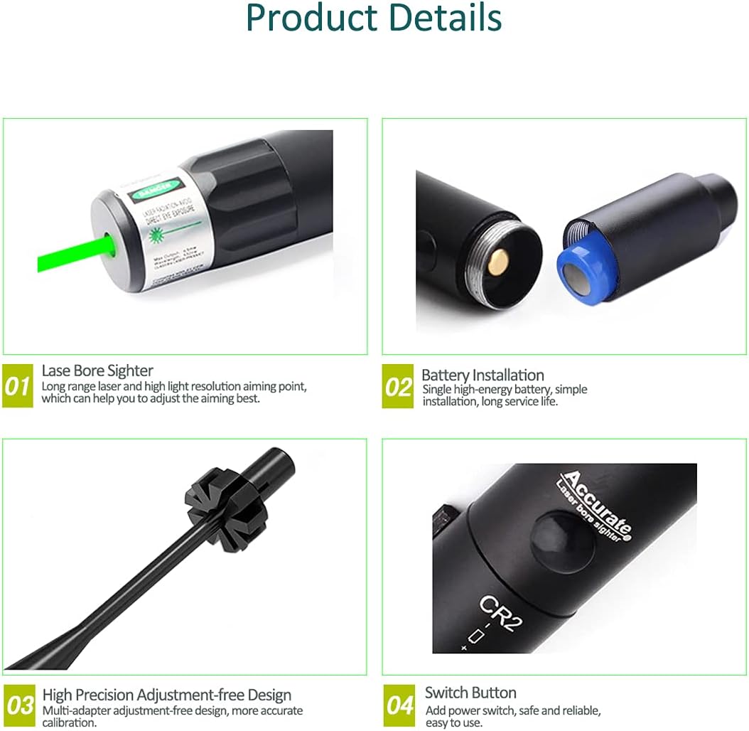 Laser Bore Sight Kit Multiple Calibers, Green/Red Dot Boresighter Set for .177 to 12GA .78 Caliber Rifle Handgun,12 adapters Bore Sighter Rifle Scope for Shotgun Pistol Hunting Tools