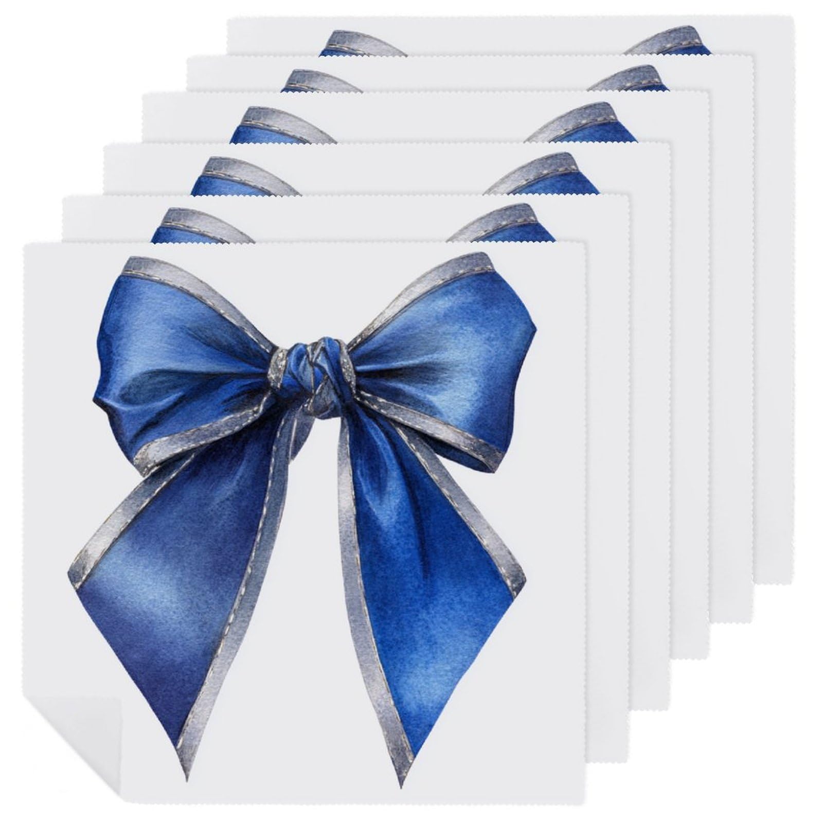 Elegant Blue Bow with Silver Accents Cloth Napkins Set of 6, Square Premium Reusable Washable Polyester Table Linen Napkin for Dinner Party