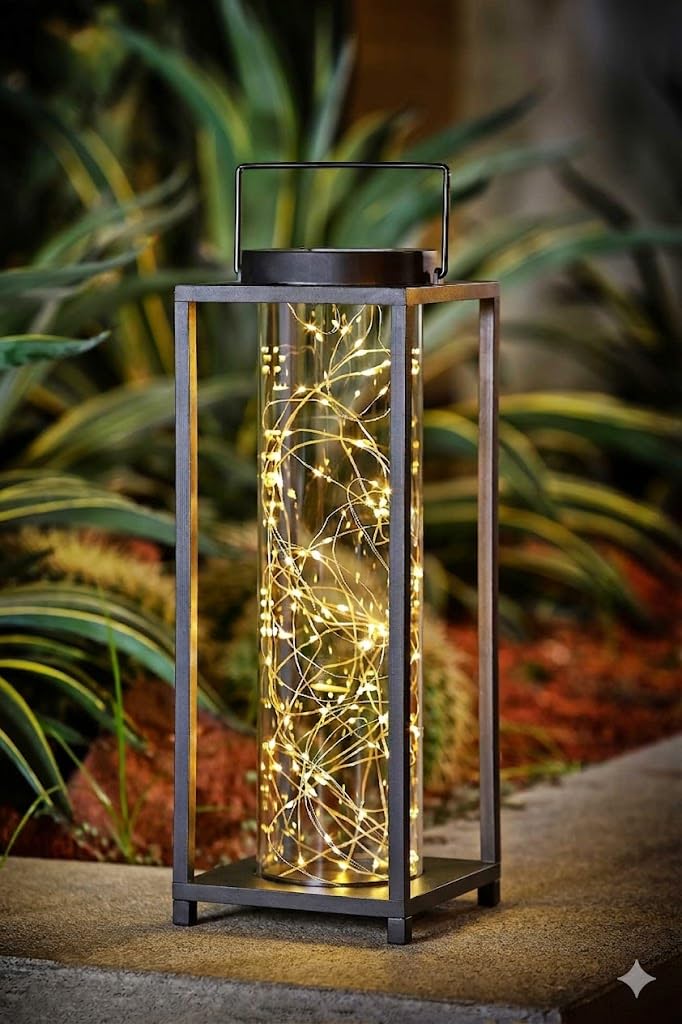 Firefly Solar Lantern Metal Hanging and Freestanding Solar Lanterns for Garden Outside - Warm White Micro LEDs String Solar Lantern Light Garden Ornaments for Outdoor, Patio, Pathways