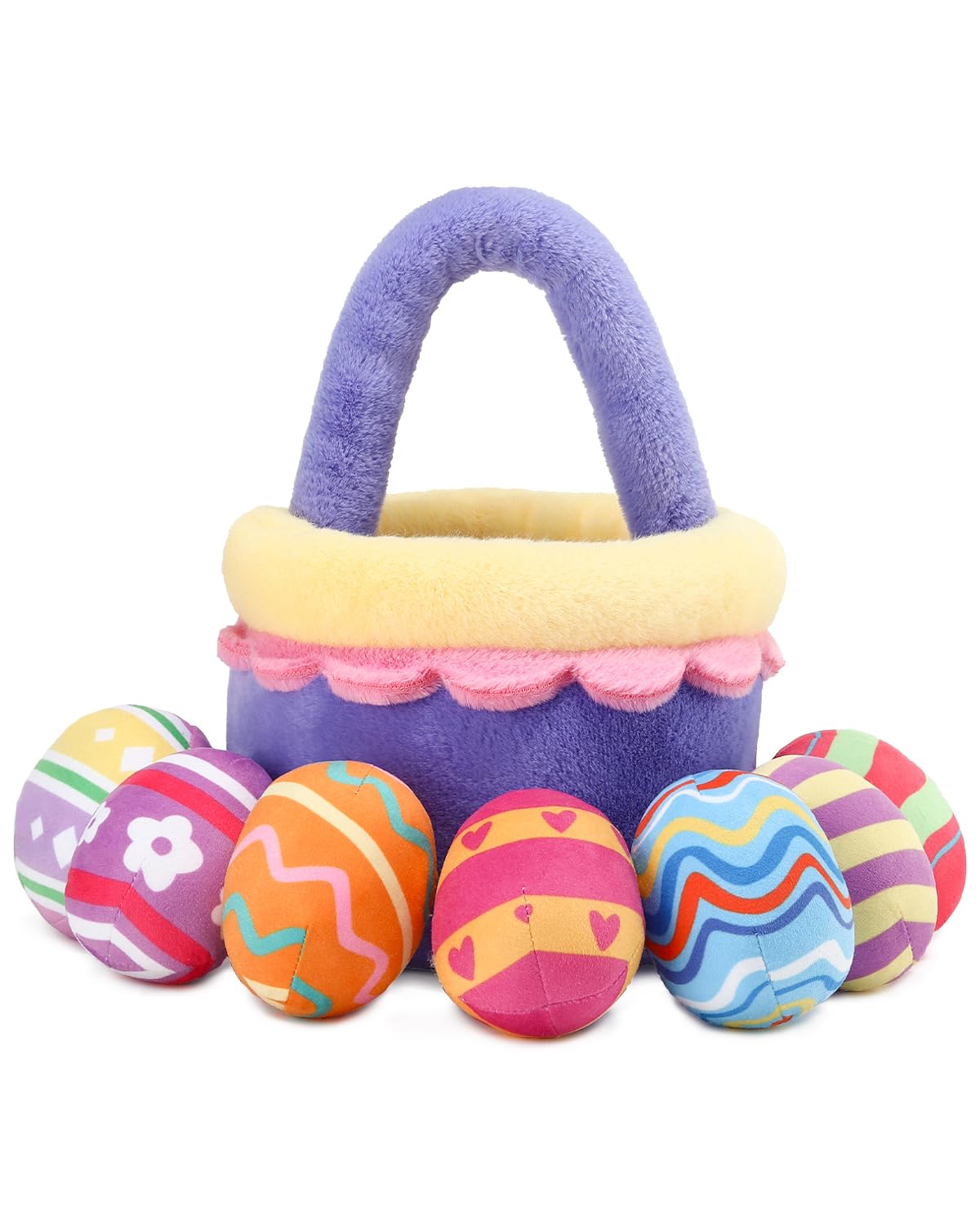 Vposyako 7 Piece Easter Basket Eggs Playset Stuffed Easter Basket Eggs Toy Set for Kids Ages 3+ Easter Bunny Basket Plush Sensory Toys Soft Plush Toy for Easter Party Favors