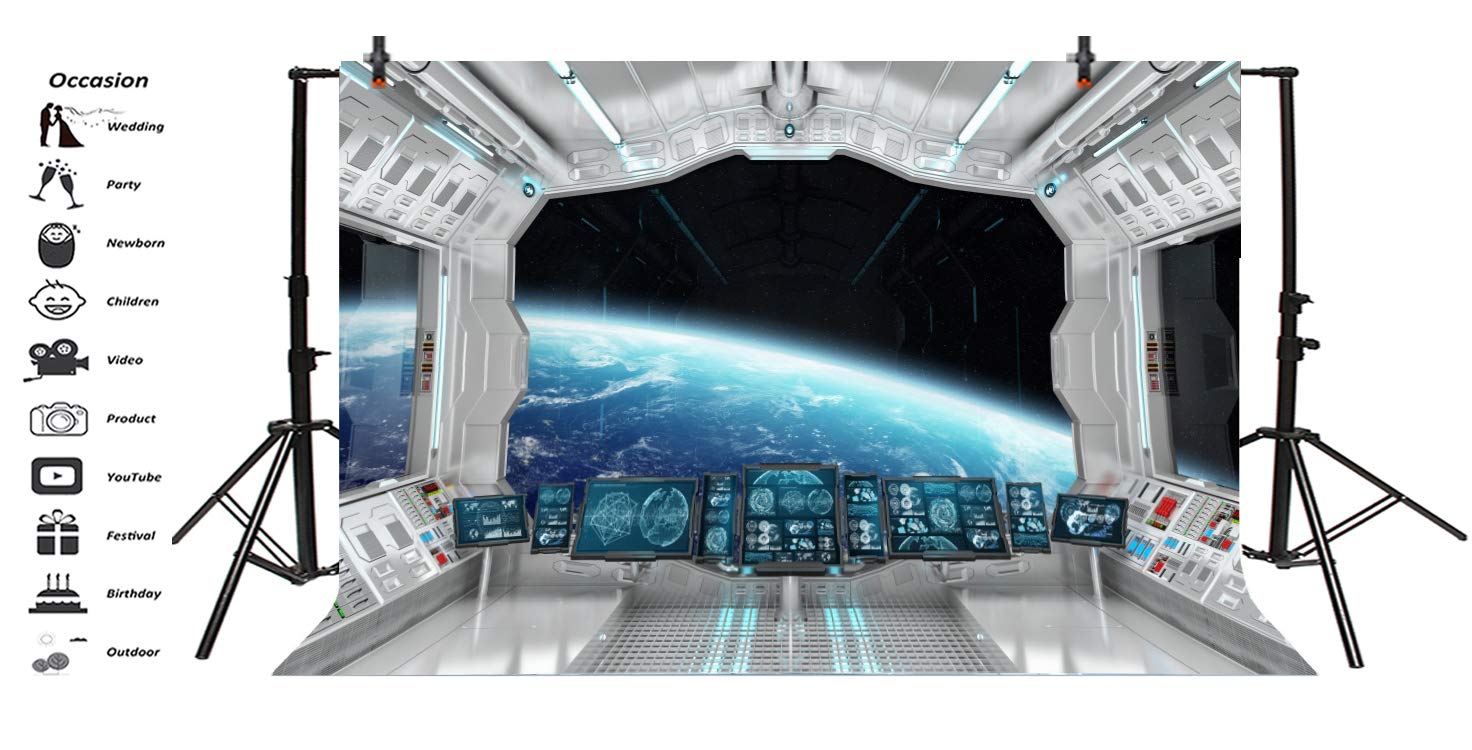 2,5x1,8m Spazio esterno sfondo fotografico Astronave finestra vista sfondo Sfondo per l'esplorazione dell'Universo con navicella spaziale Compleanno del bambino Decorazione della festa