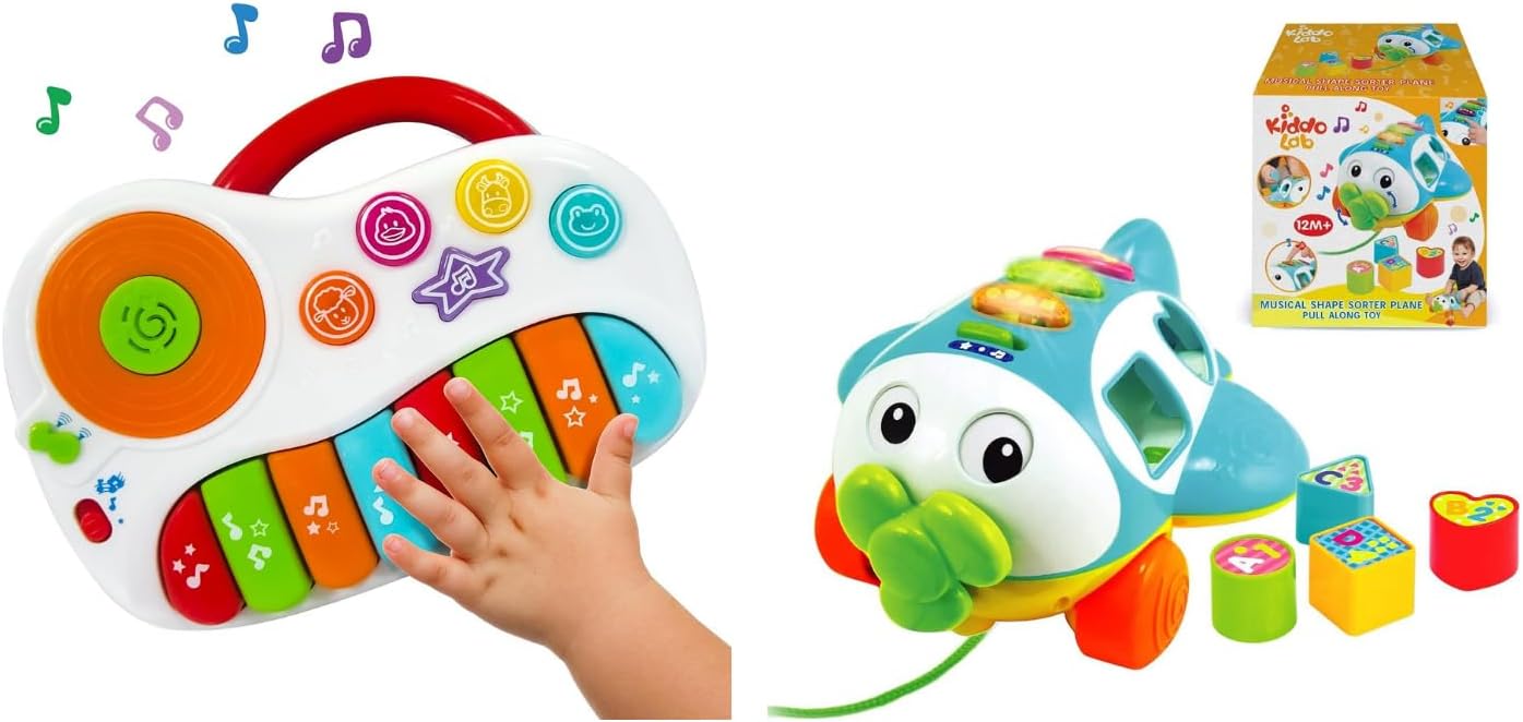 Kiddolab Musical Piano Toy & Shape Sorter Plane Combo - Interactive Learning Set for Toddlers 1-3 Years with Lights, Music, and Creative Exploration.
