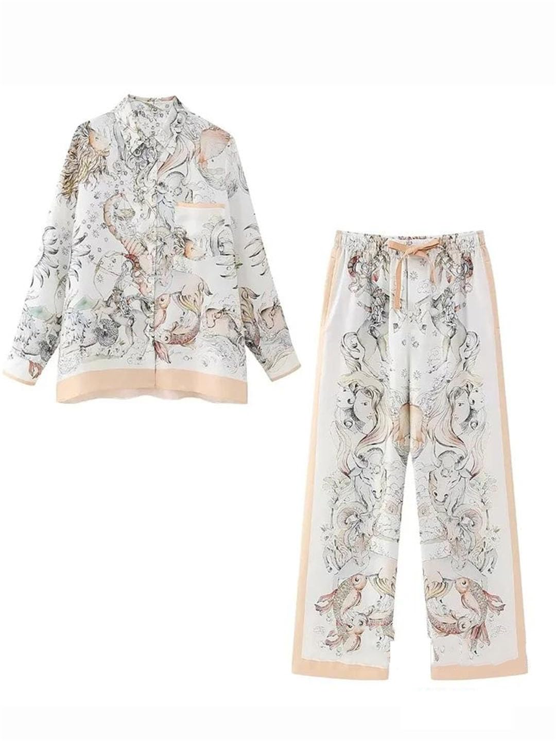 Set da donna Vintage Chic Stampa Set Donna Vestito Manica Lunga Seta Oversize Camicia Gamba Larga Coulisse Pantaloni