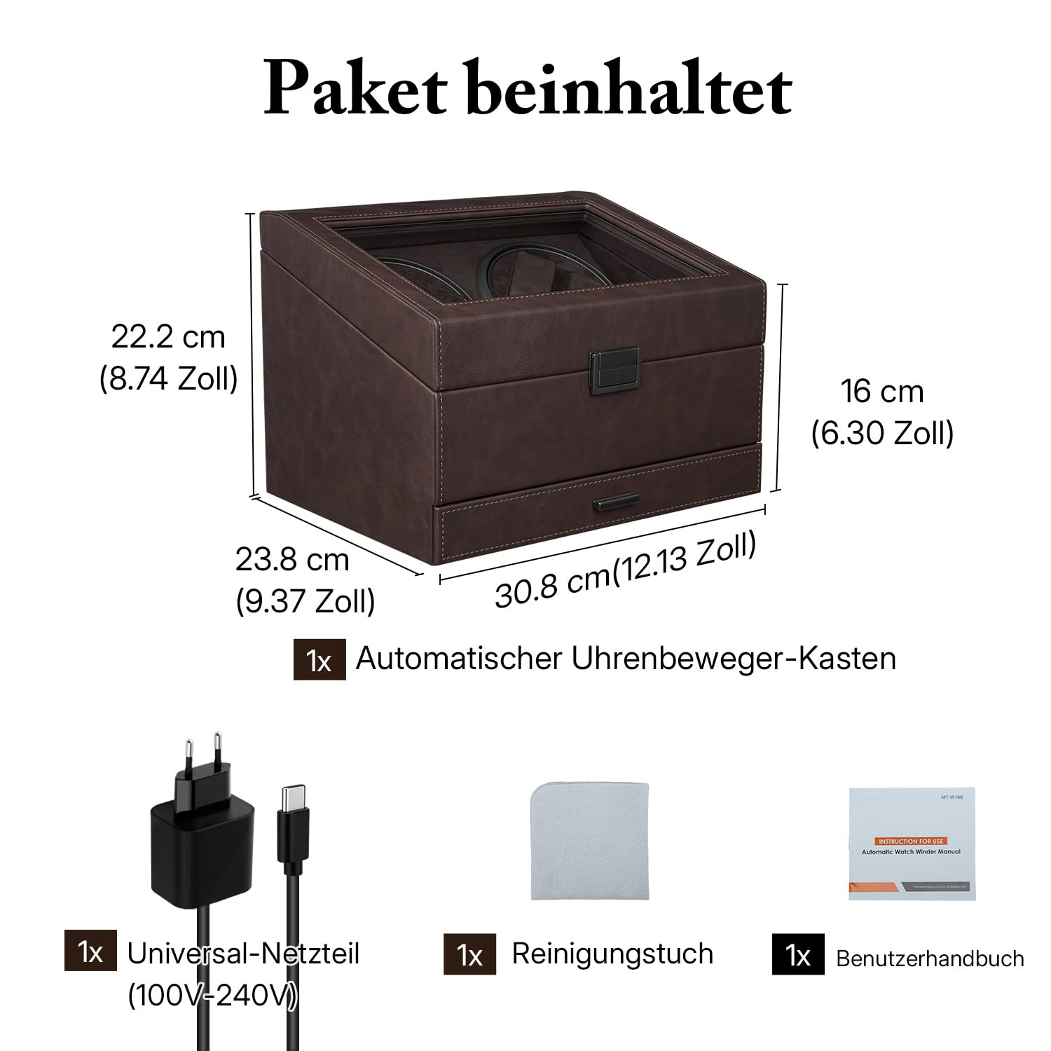 Mcbazel Automatik Uhrenbeweger für 4 Uhren, Leiser Uhrendreher mit 6 Speicherplätzeaus PU Leder mit LED Beleuchtung, Automatikuhren Box mit Schmuckaufbewahrung (Braun)