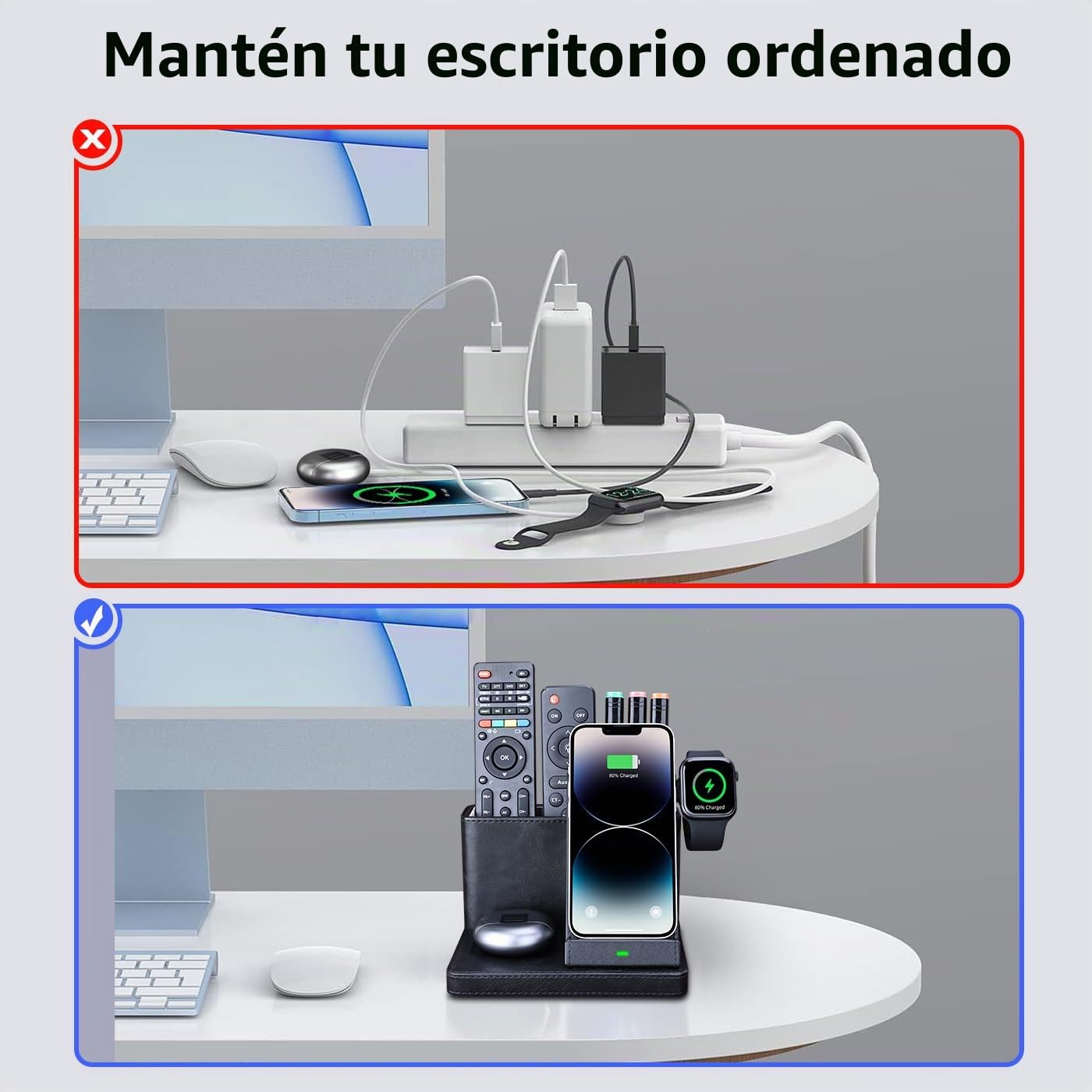 GORESE Estación de carga inductiva, cargador inalámbrico 3 en 1 con organizador de escritorio, soporte de pared de 30 W, cargador inalámbrico compatible con iPhone 15/14/13/12/11/Pro/Max/XS iWatch