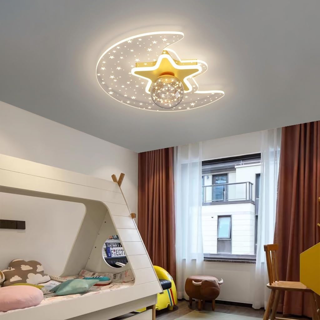 Stesulfr LED Children's Ceiling Lamp Star Moon Acrylic Ceiling Light For Children Glass Lampshade Stepless Dimming with Remote Control Creativity 40W Bedroom Ceiling Kindergarten Lighting(Gold)