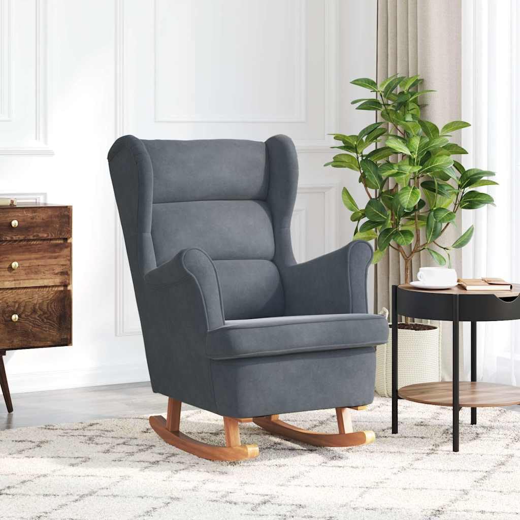 Ciemnoszary aksamitny fotel z płozami z litego drewna, ergonomiczne oparcie, podnóżek, idealny do salonu, sypialni, na balkon, relaksujący salon, stylowy fotel relaksacyjny do użytku wewnątrz