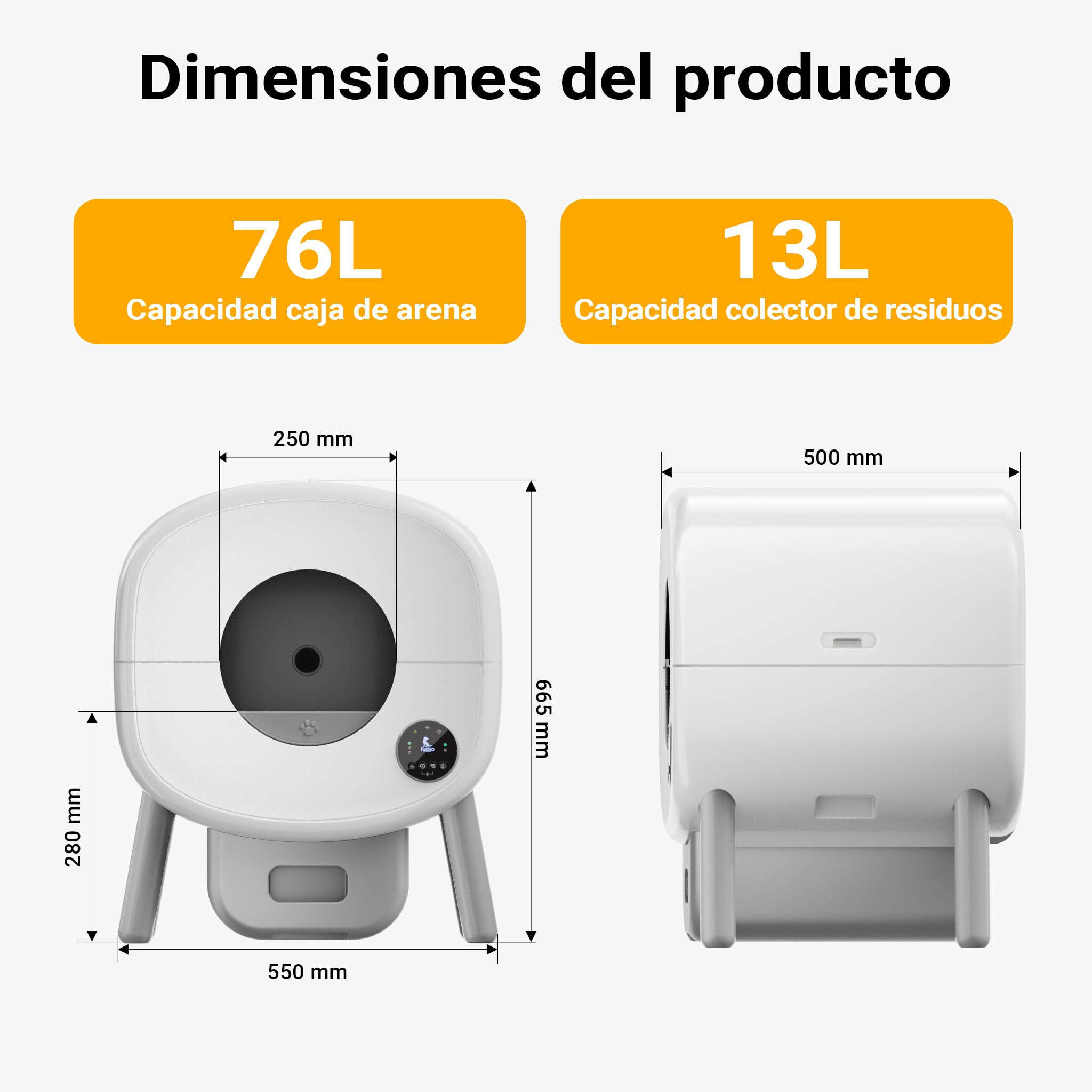 Fudajo Arenero autolimpiable para Gatos controlable por App, con Puerto USB y Mecanismo de Seguridad avanzado, Espacio Interior de 76 litros y Cubo de recolección de 13 litros, diseño Moderno