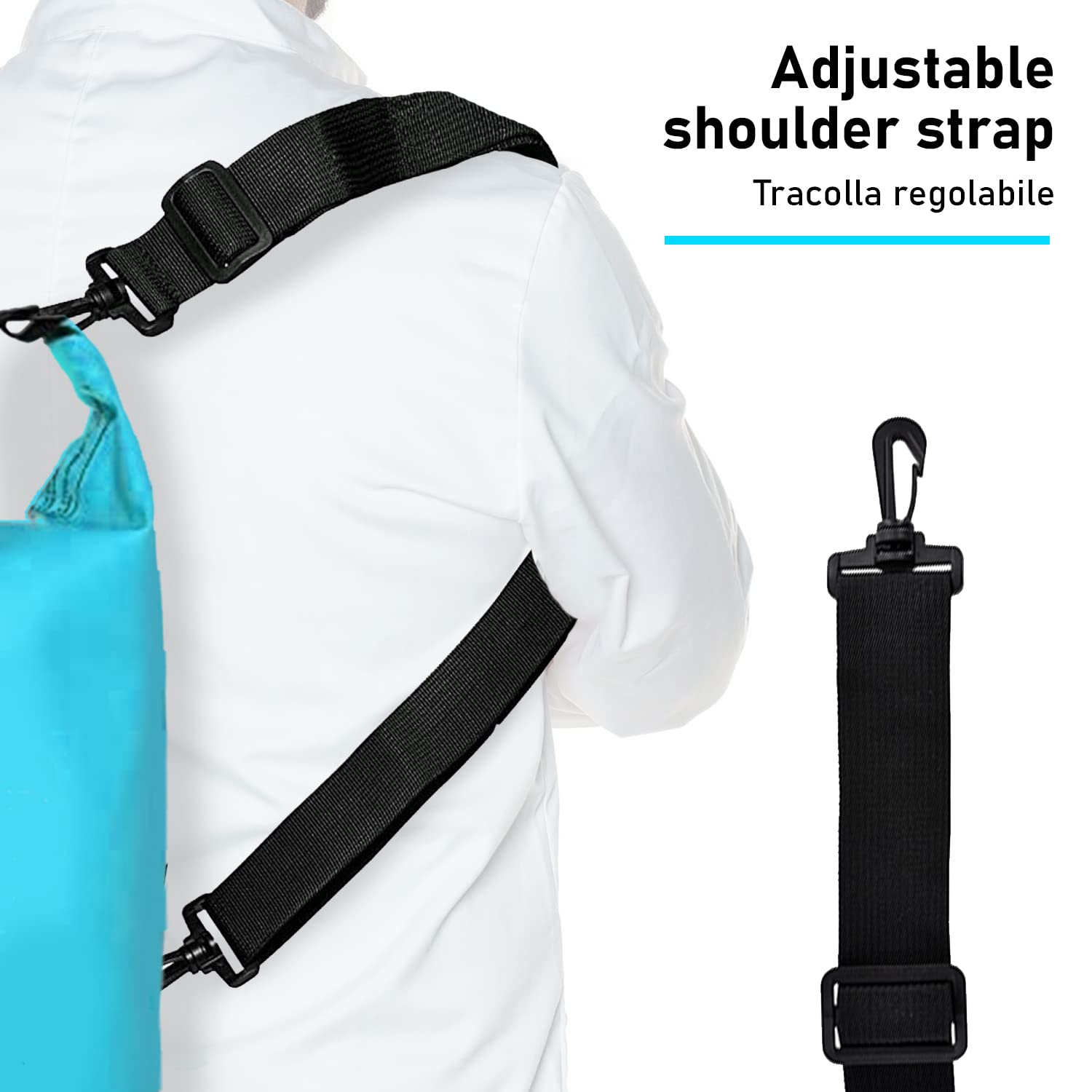 Dry Bag, Borsa Sacca Zaino Impermeabile Waterproof, chiusura a rotolo e tracolla, custodia impermeabile per cellulare e marsupio per Mare Barca Pesca Rafting Spiaggia Sport Acquatici (Light Blue, 5l)