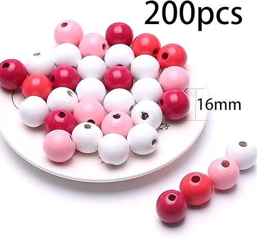 Miniatura 2 de 200 cuentas de madera redondas de colores surtidos para manualidades, fabricación de joyas (rosa)