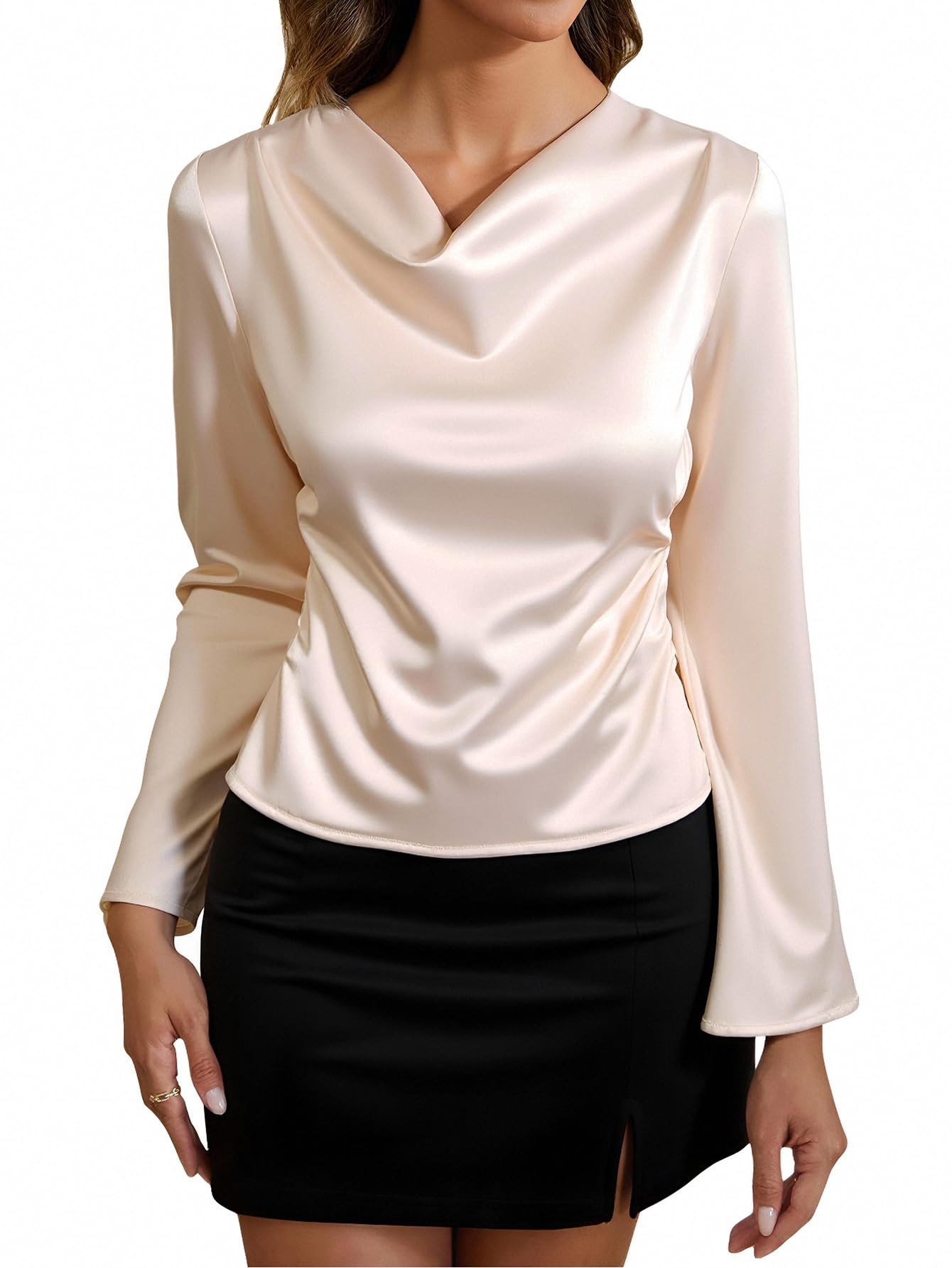 Womens Cowl Neck Tops Elegant Ruched Bell Sleeve Dressy Casual Work Blouse