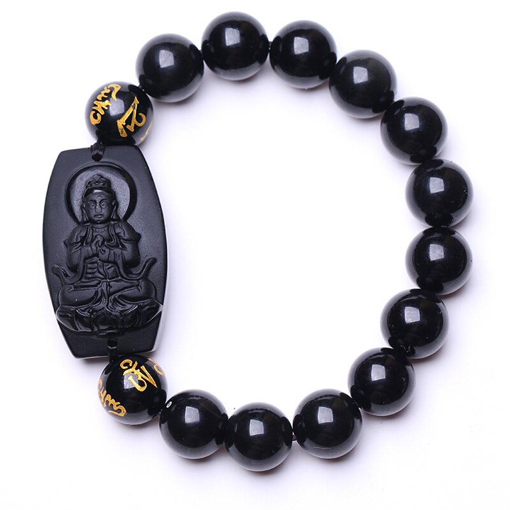 clin-yy Pure Natural Obsidian Vairocana Kwan-yin Bodhisattva Buddha Bracelet Bracelet