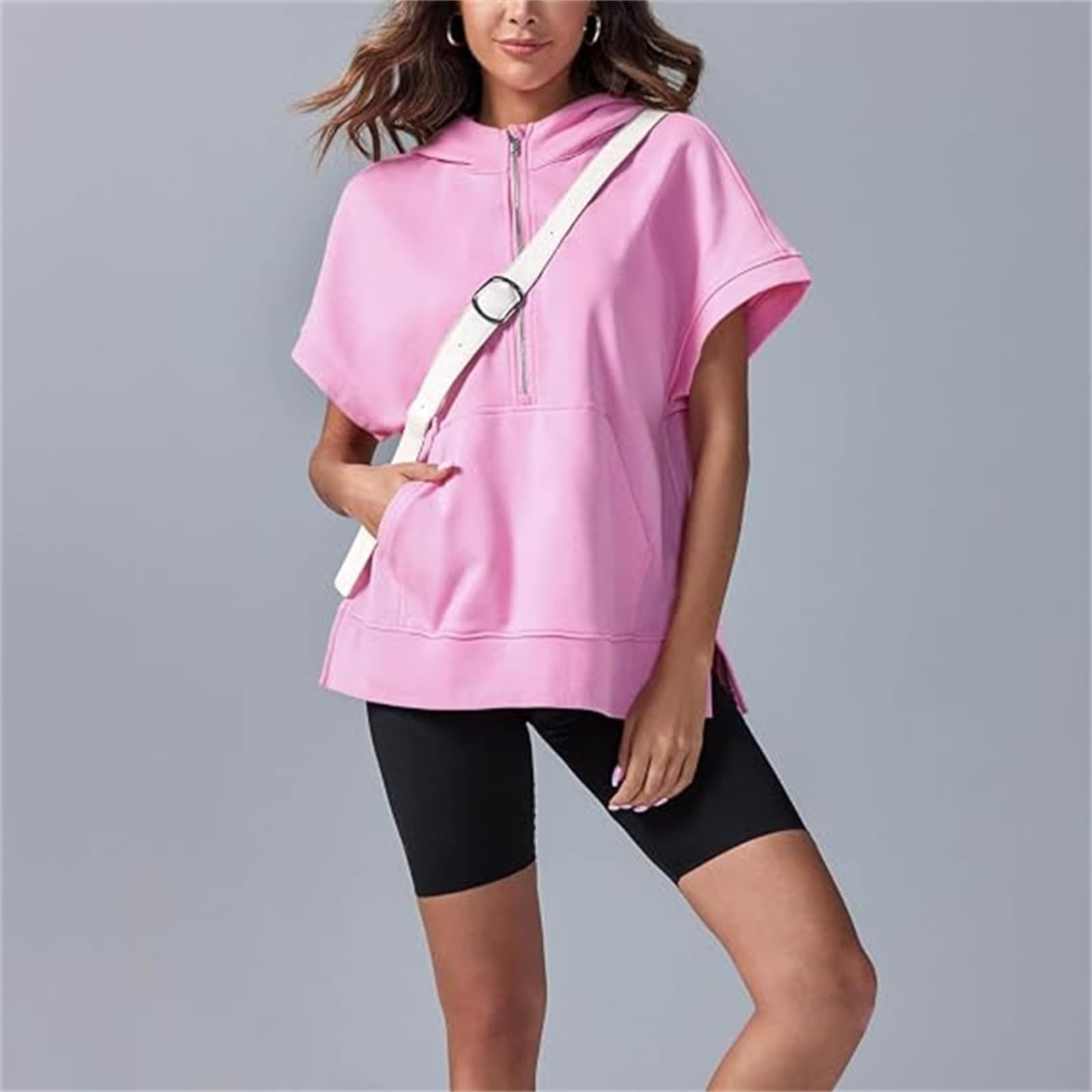 Damska bluza z kapturem z zamkiem błyskawicznym z krótkim rękawem bluza z kieszenią boczne rozcięcie bluzy moda na co dzień letnie topy