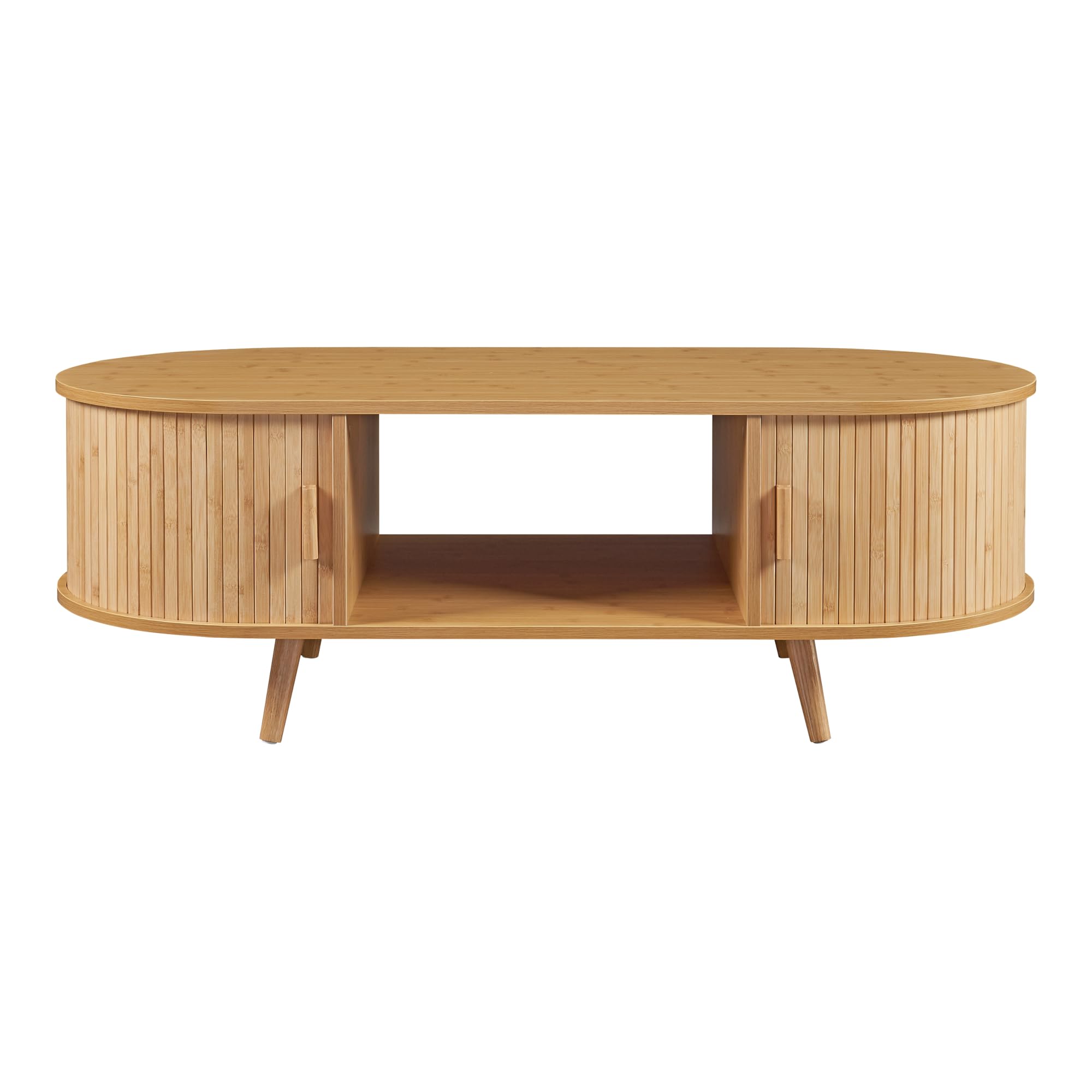 [en.casa] Tavolino da Salotto Tavolino da Caffè con Piano Ovale Scomparti e Ante Scorrevoli Tavolino Basso Tavolino Centrale per Soggiorno 120 x 55 x 40 cm Naturale