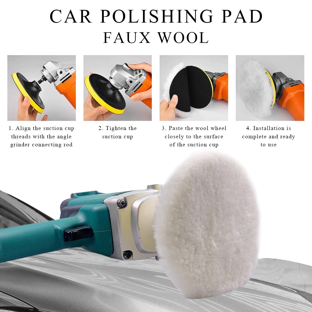 Yourkar Almohadilla de pulido de lana para coche, rueda de pulido automático con gancho trasero, kit de herramientas de almohadillas pulidoras de coche con adaptador de taladro M10, accesorios