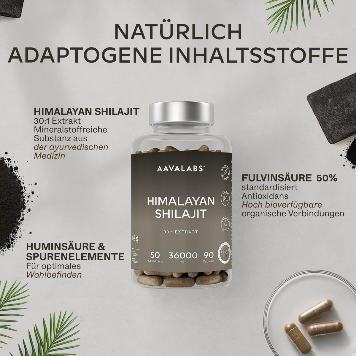 Pure Himalayan Shilajit Kapseln Hochdosiert 36000mg 30:1 Extrakt 50% Fulvinsäure & Huminsäure - Mumijo Shilajit Original Himalaya - Energie & Immunität - 90 Kapseln Vegan & Laborgeprüft