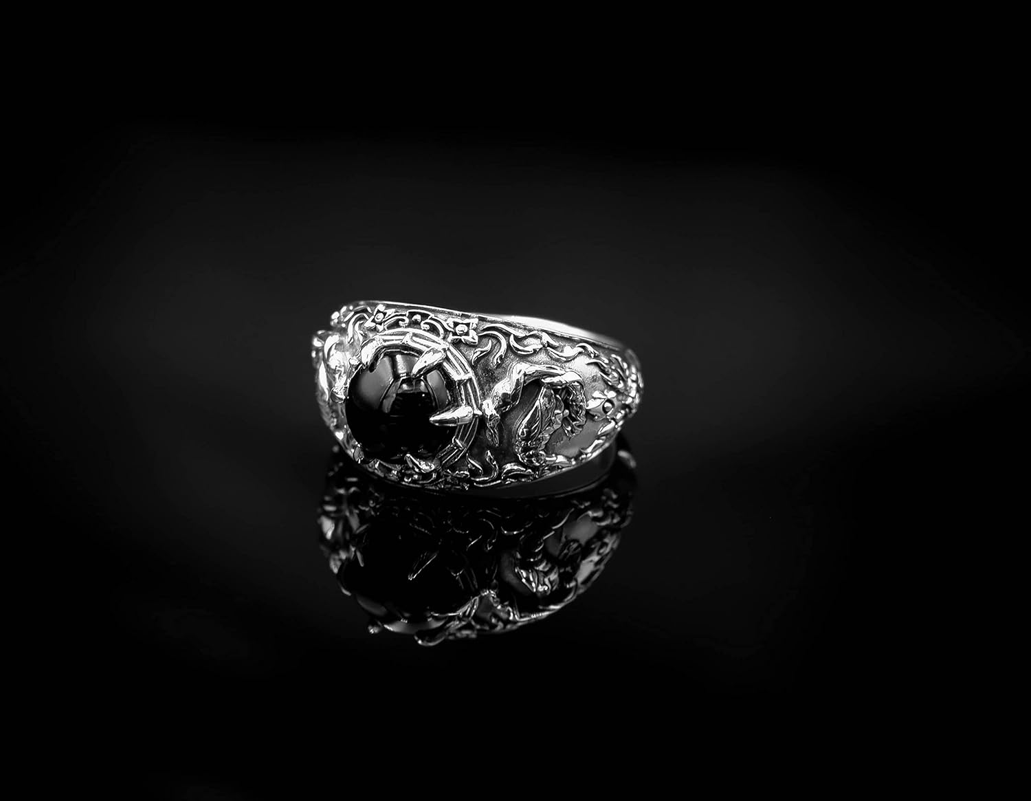 925 Sterling Silver Onyx Biker Viking Odin Crow Bird Raven Ring Size 6-15
