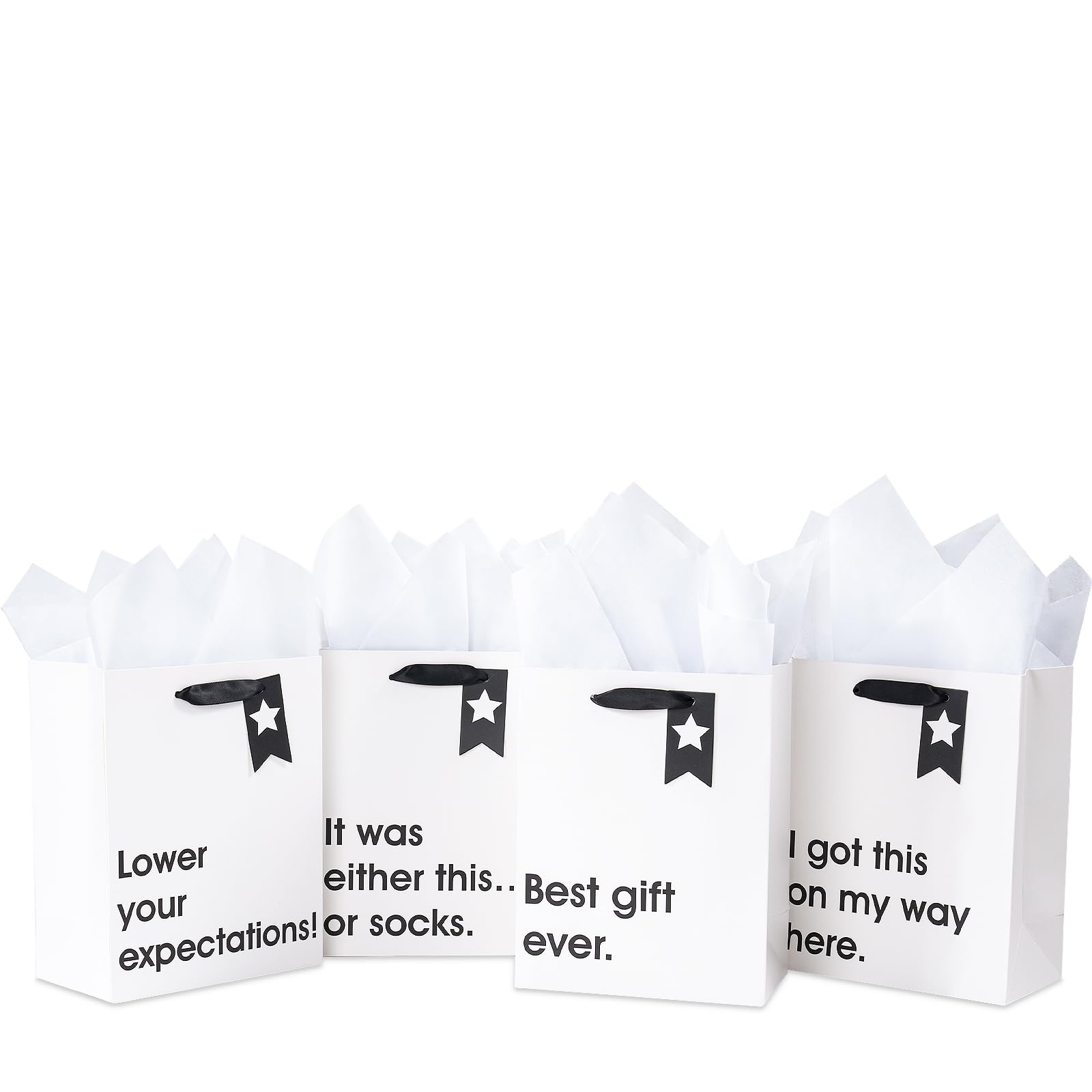 Loveinside Christmas Medium Size Gift Bags Set, Funny Quirky Design with Bold Black Text Pattern with Tissue Paper Perfect for Shopping, Parties, Birthday, Holiday, 4 Pack, 7" X 4" X 9"