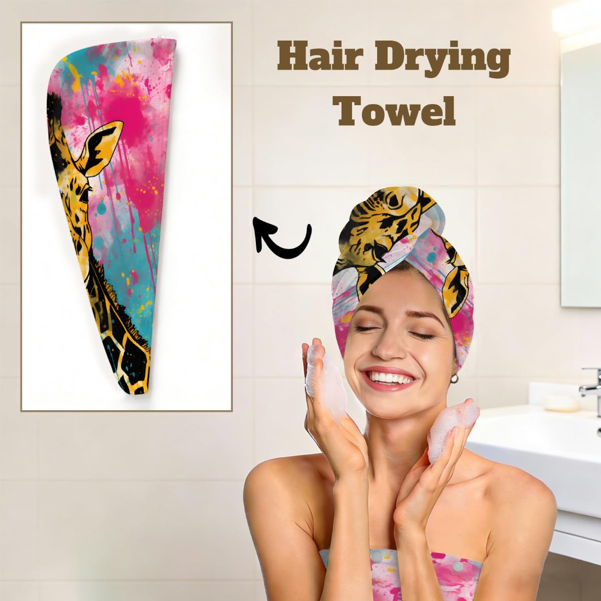 Mikrofaser-Duschtuch für Damen, mit Haarhandtuch, Aquarell-Giraffe, weiche Körperwickel, Kleid mit Haartrocknungskappe für Strand, Pool, Spa, 2 Sets