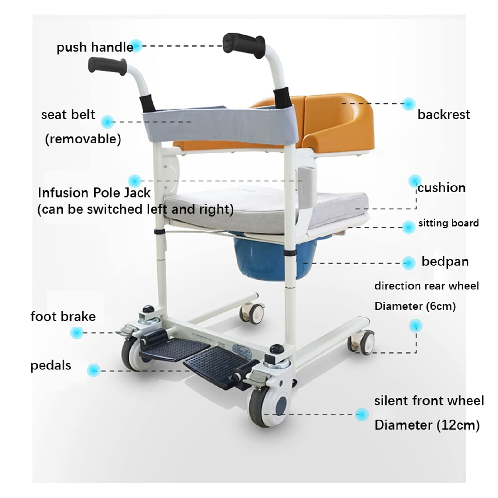 Silla de traslado de Pacientes, Elevador de baño, sillas de Ruedas, Silla de Ruedas Manual con Inodoro para Ancianos de enfermería, Paciente, Carga 120 kg/265,5 LB