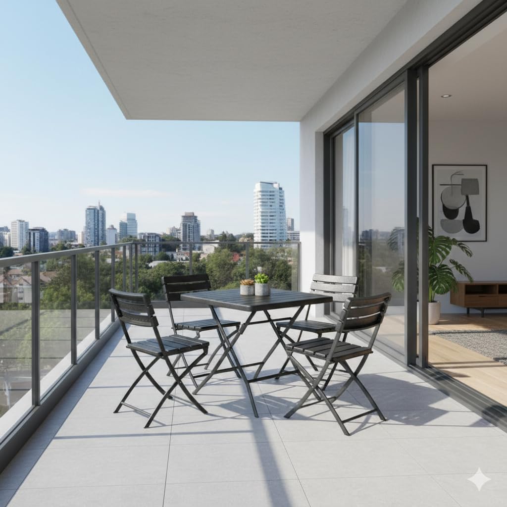 BERARDI B.INTERIORS | Set Tavolo e Sedie da Giardino Pieghevole, Nero, 5 Pezzi, Polietilene Alta Densità, 1 Tavolo 78x78x74 cm e 4 Sedie 58x46,5x81 cm, per Giardino Patio Balcone
