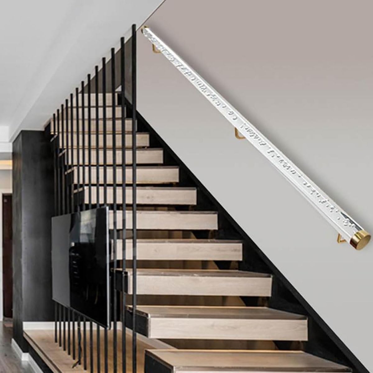Clear Acrylic Handrail for Stairs ，Stairs Railing Indoor,- 3ft/4ft/5ft/6ft/8ft/10ft/12ft/14ft/20ft, Non-Slip Transparent Crystal Indoor Stair Handrails Complete Kit,gold(There are bubbles,380cm(12.5ft